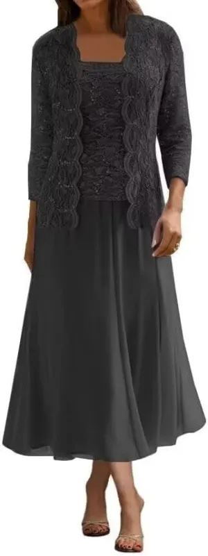 2 Pcs Mother of The Bride Dresses for Wedding Lace Sequins Tea Length Formal Evening Dress with Jackets
