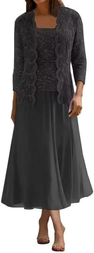 2 Pcs Mother of The Bride Dresses for Wedding Lace Sequins Tea Length Formal Evening Dress with Jackets