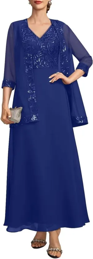 2 Piece Mother of The Bride Dresses for Wedding Long Sleeve Chiffon Wedding Guest Formal Party Gown with Jackets