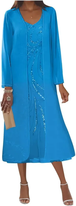 2 Piece Mother of The Bride Dresses for Women Sequin Chiffon Tea Length Formal Dress with Jackets