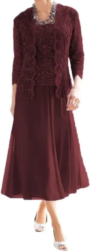 2 Pieces Mother of The Bride Dresses for Wedding Laces Chiffon Tea Length Formal Evening Dresses with Jackets