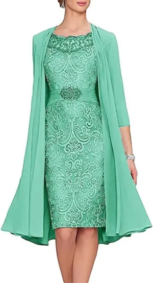 2 Pieces Tea Length Mother of The Bride Dresses with Jackets Lace Formal Evening Dress for Wedding