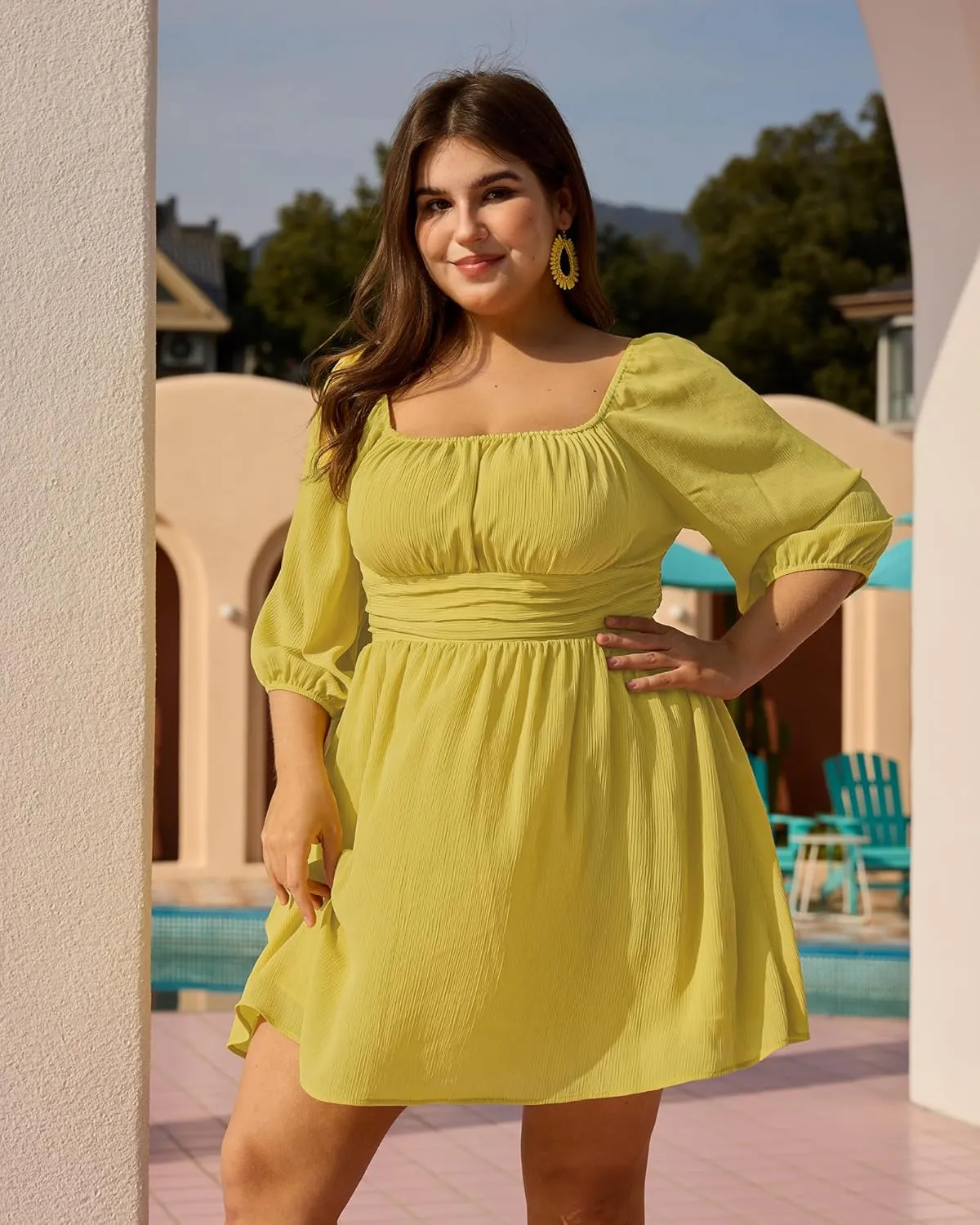 2025 Summer Plus Size Square Neck Dress Empire Waist Swim Vacation Flowy Mini Dress