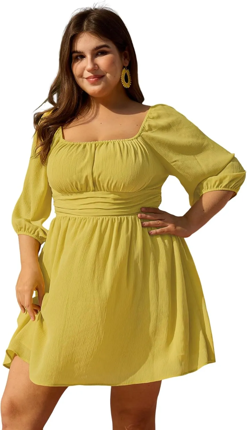 2025 Summer Plus Size Square Neck Dress Empire Waist Swim Vacation Flowy Mini Dress