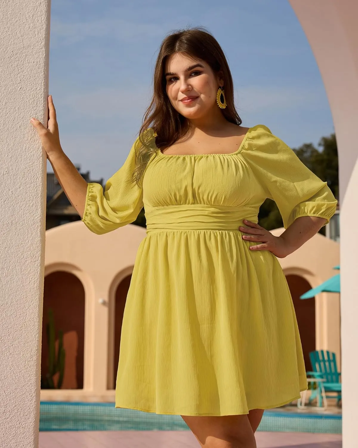 2025 Summer Plus Size Square Neck Dress Empire Waist Swim Vacation Flowy Mini Dress
