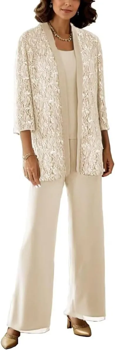 3 Pcs Mother of The Bride Pantsuits with Jackets 3/4 Long Sleeve Pant Suits for Women Dressy Wedding
