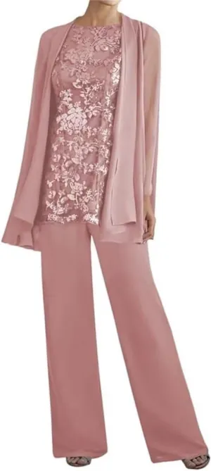 3 Pieces Dressy Pant Suits for Women Long Sleeve Lace Chiffon Outfits Formal Evening Gowns for Wedding with Jackets