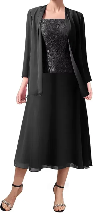 3 Pieces Mother of The Bride Dresses Women Chiffon Formal Evening Gowns with Long Sleeve Jackets