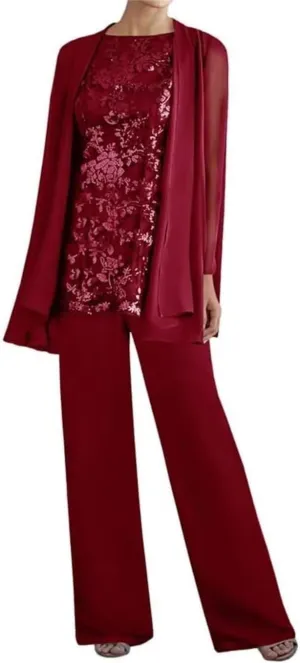3 Pieces Mother of The Bride Pant Suits for Women Dressy Lace Wedding Formal Outfit with Jackets PG016
