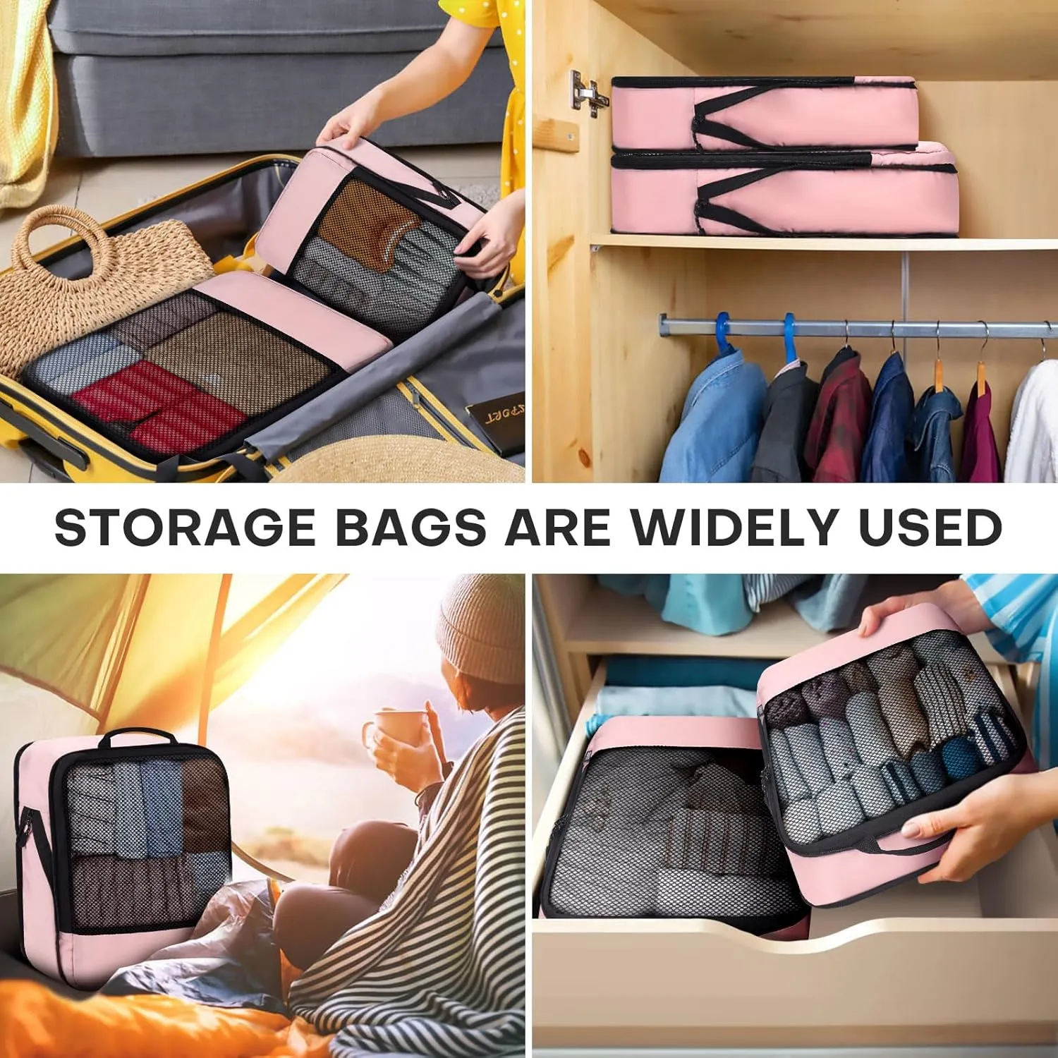 4 PCS Set Compression Packing Cubes for Travel, Lightweight Packaging Organizer Bags for Carry On Space Saving, Travel Essentials Cubes for Suitcase Backpack, Pink