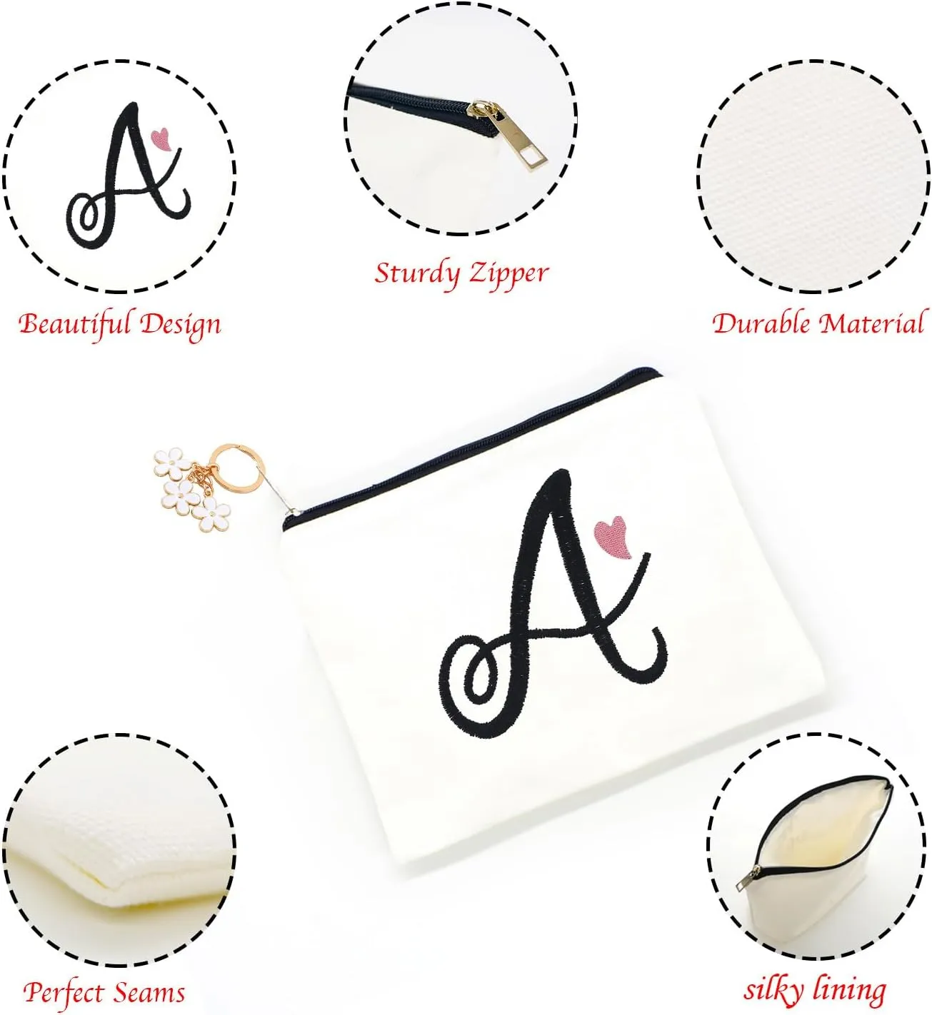 A-Z Embroidered letter combination cosmetic bagPersonalized Present Bag,cute Makeup Bag , Suitable for Wedding, Birthday, Holiday, is a Great Gift for Women, Mom, Teachers, Friends, Bridesmaids (H)