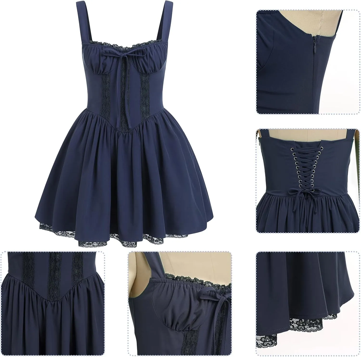 ABAFIP Women's Corset Mini Dress Spaghetti Straps Backless Lace up Low Cut Ruffle Short Dress Sundress