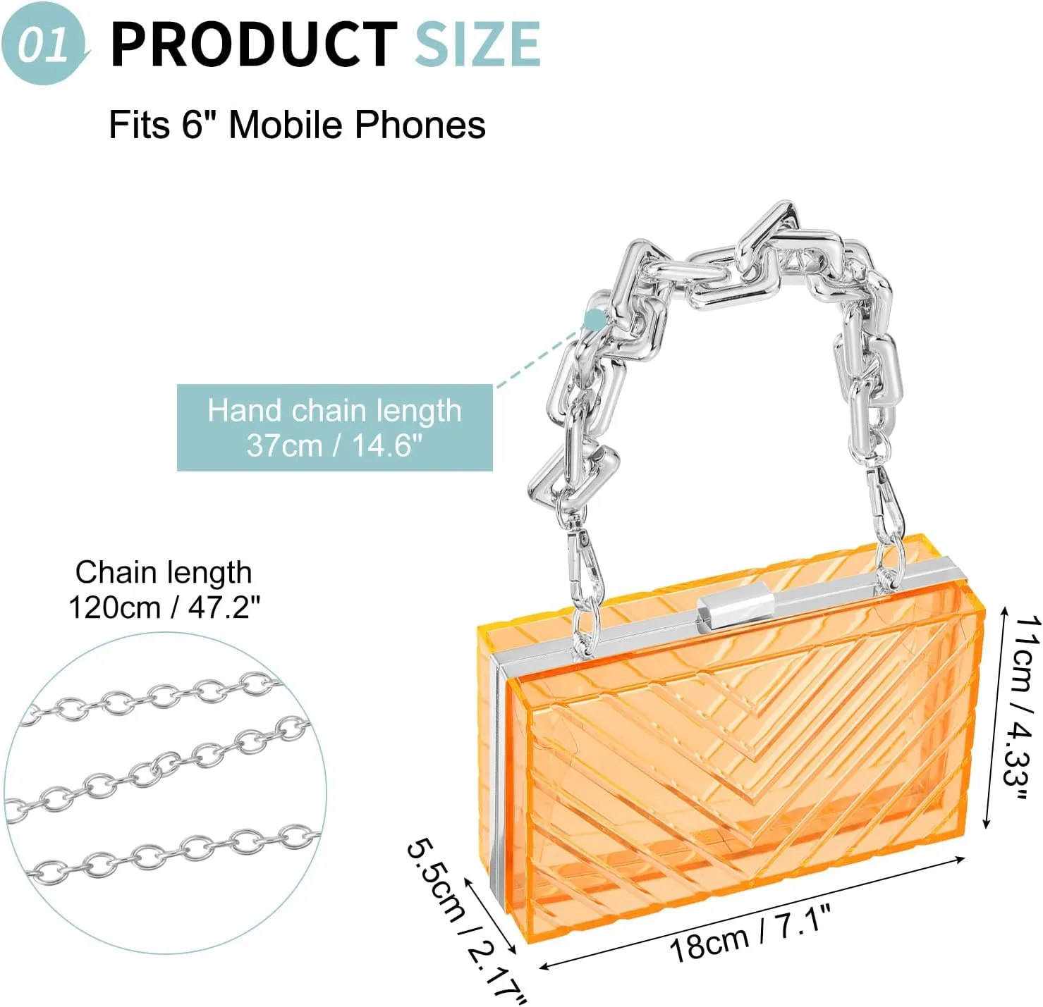 Acrylic Clear Evening Clutch Bag for Women, V-Design Handbags Neon Hard Frame with Chains Party Purse for Wedding Prom Party (Orange, Silver)