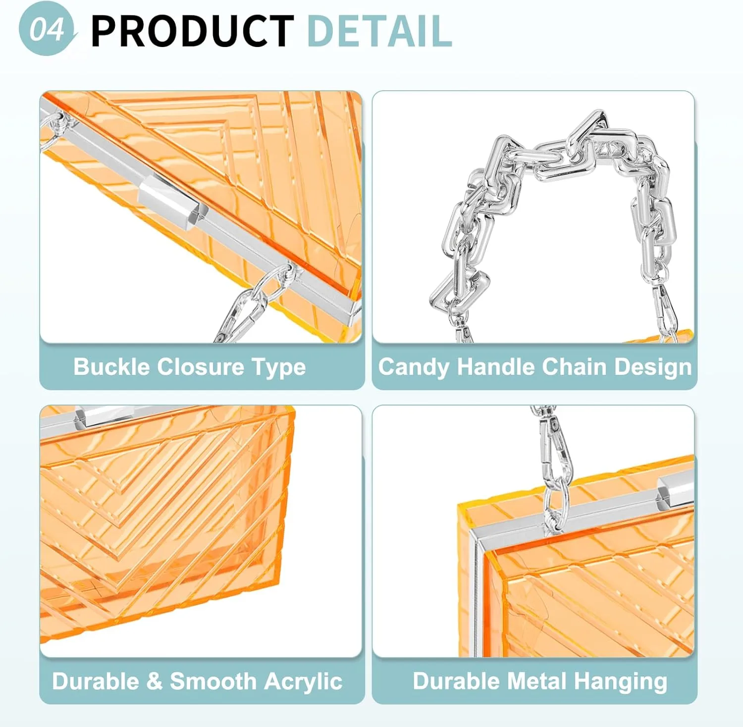 Acrylic Clear Evening Clutch Bag for Women, V-Design Handbags Neon Hard Frame with Chains Party Purse for Wedding Prom Party (Orange, Silver)