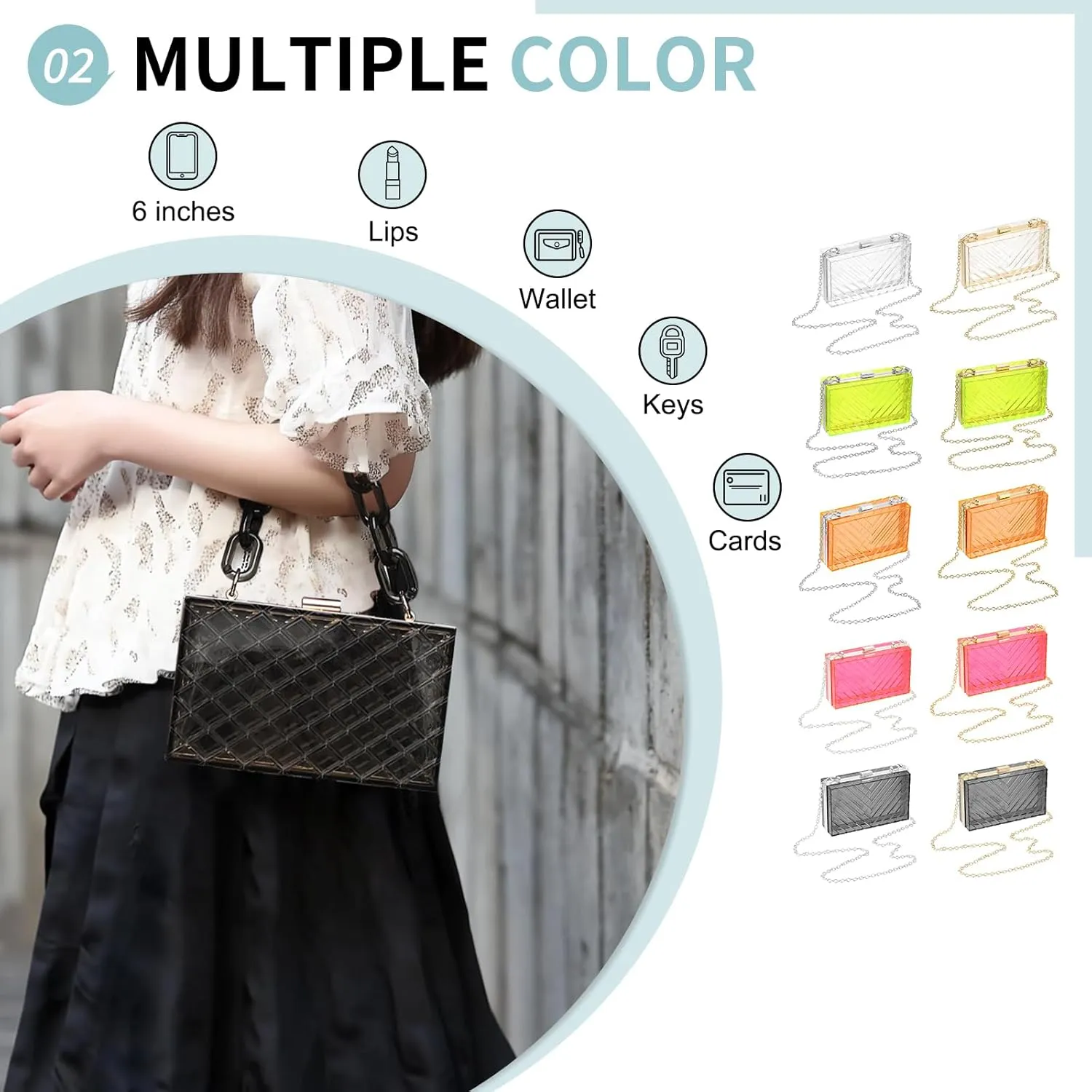 Acrylic Clear Evening Clutch Bag for Women, V-Design Handbags Neon Hard Frame with Chains Party Purse for Wedding Prom Party (Orange, Silver)