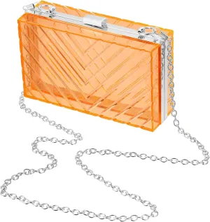 Acrylic Clear Evening Clutch Bag for Women, V-Design Handbags Neon Hard Frame with Chains Party Purse for Wedding Prom Party (Orange, Silver)