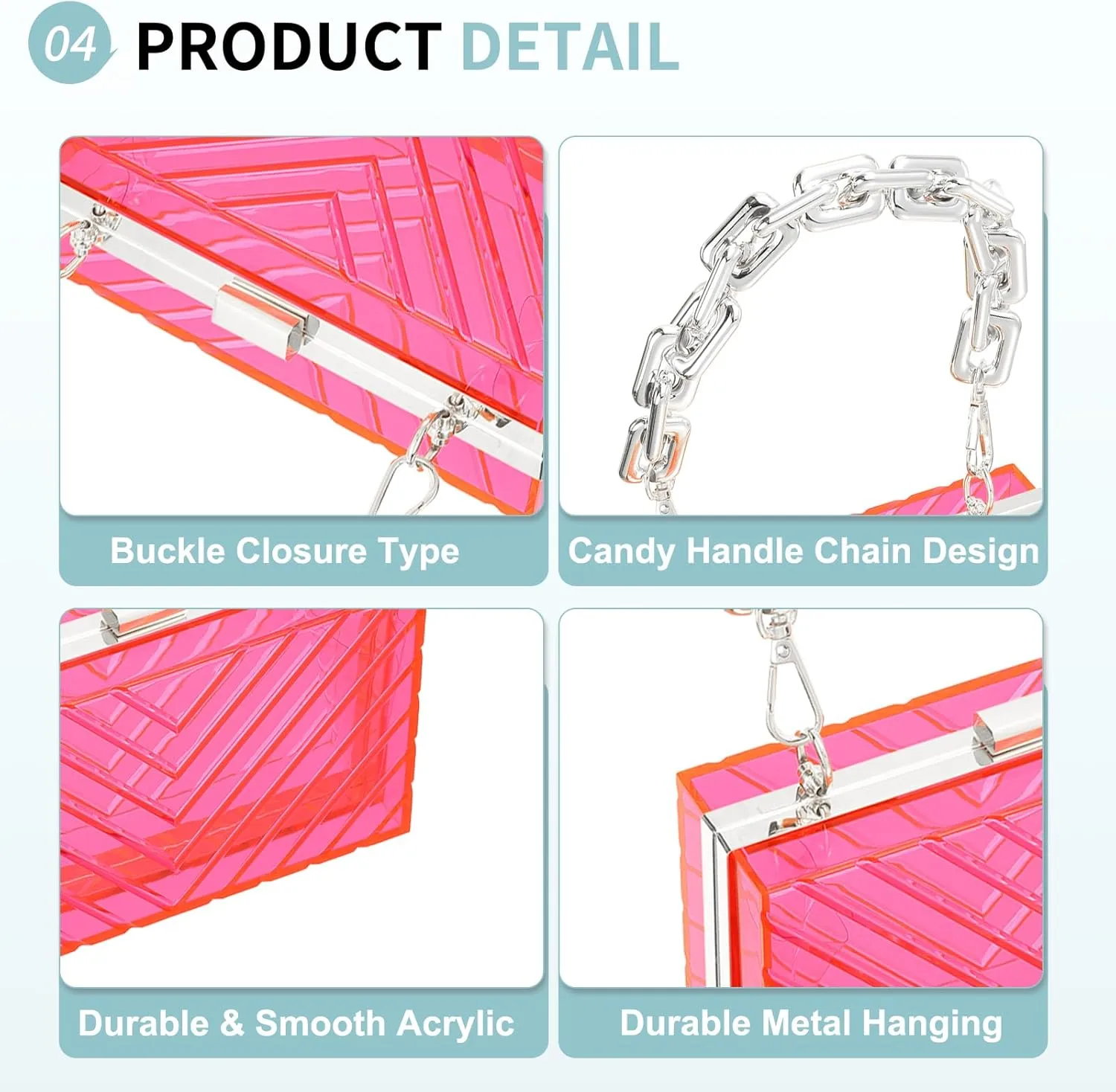 Acrylic Clear Evening Clutch Bag for Women, V-Design Handbags Neon Hard Frame with Chains Party Purse for Wedding Prom Party (Pink, Silver)