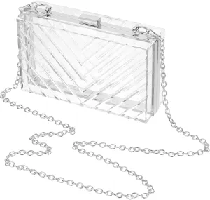 Acrylic Clear Evening Clutch Bag for Women, V-Design Handbags Neon Hard Frame with Chains Party Purse for Wedding Prom Party (Transparent, Silver)