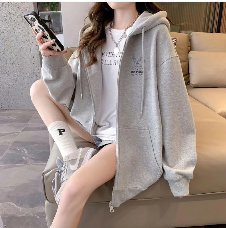 Acubi Oversized Full Zip Sweatshirts for Women Cute Graphic Drawstring Hoodies Punk Harajuku Jackets with Pockets