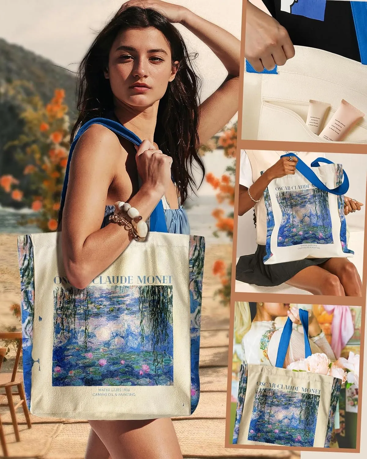 Aesthetic Heavy Canvas Tote Bag - with Pocket for Women Large Size 14''16''3.5'' Cloth Cotton Bags for Shopping