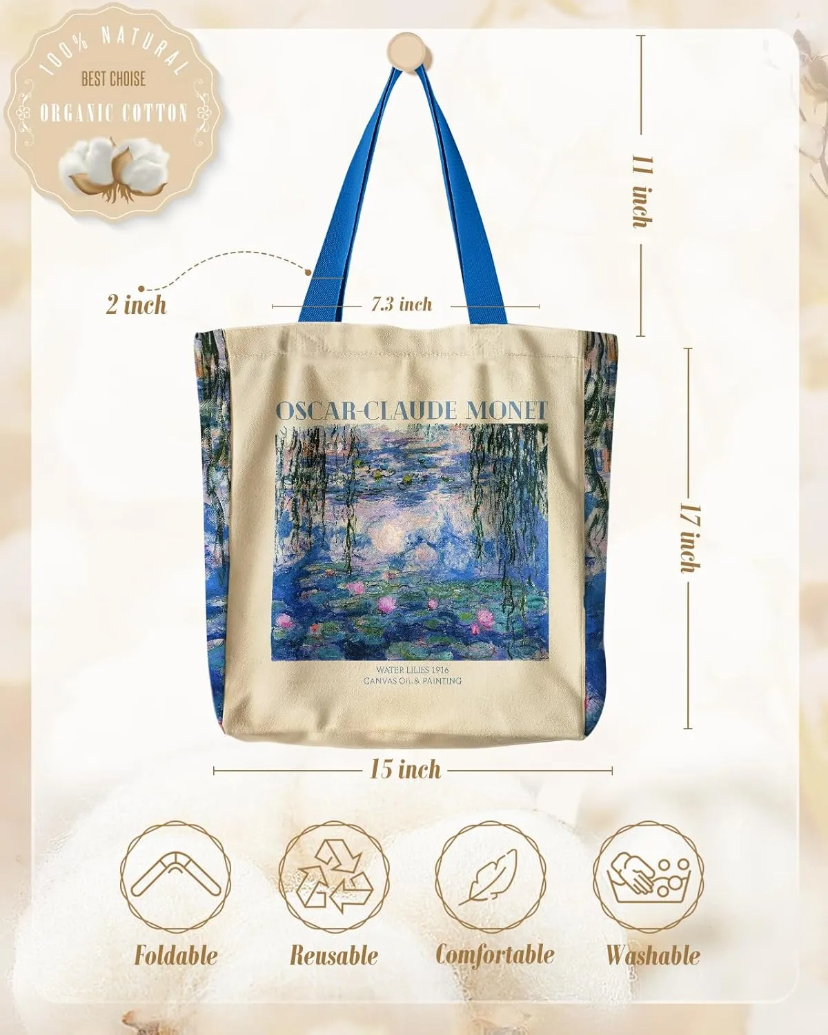 Aesthetic Heavy Canvas Tote Bag - with Pocket for Women Large Size 14''16''3.5'' Cloth Cotton Bags for Shopping