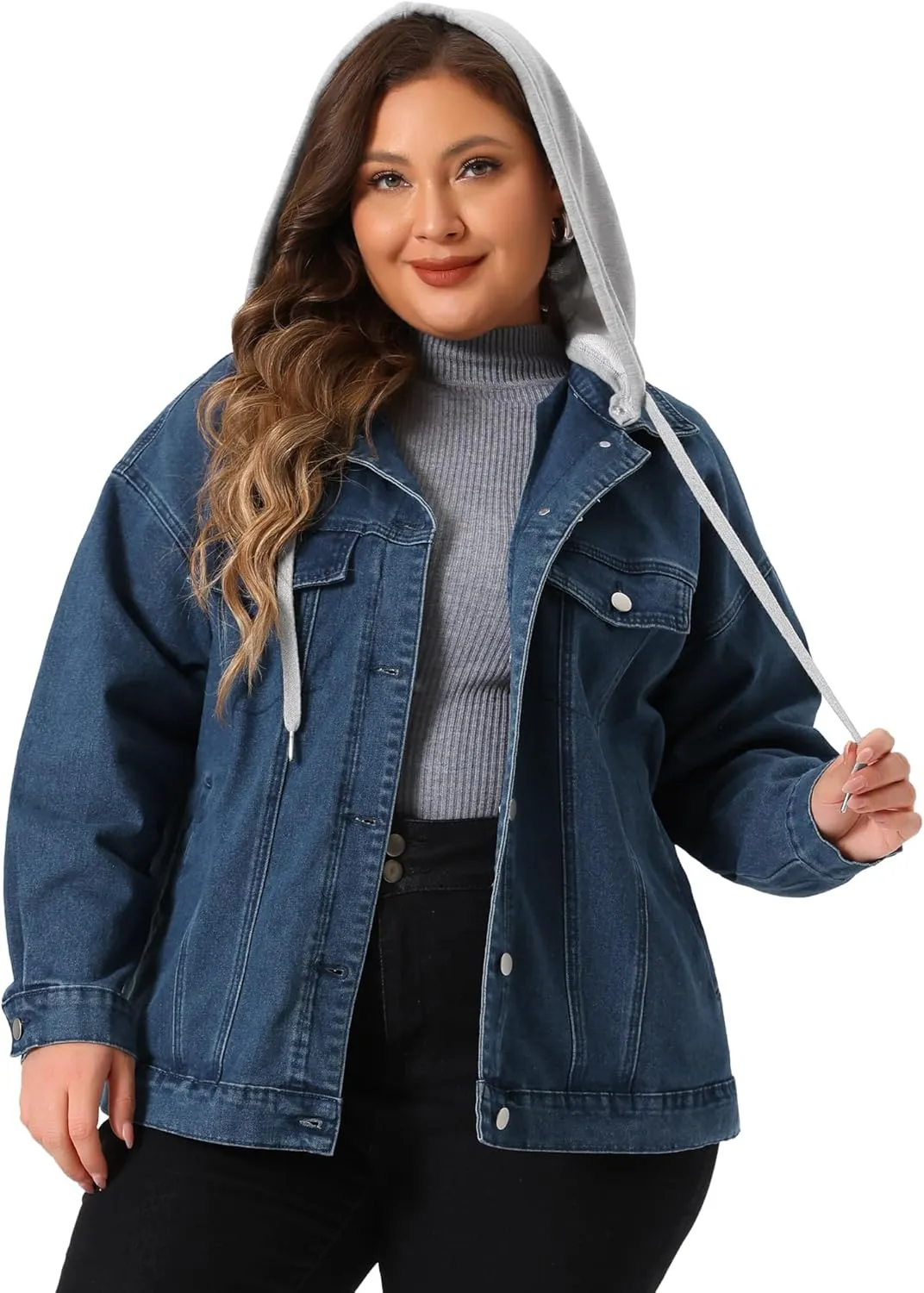 Agnes Orinda Women's Plus Size Denim Jacket with Detachable Hood Oversized Jean Shacket Jackets with Pockets