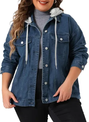 Agnes Orinda Women's Plus Size Denim Jacket with Detachable Hood Oversized Jean Shacket Jackets with Pockets