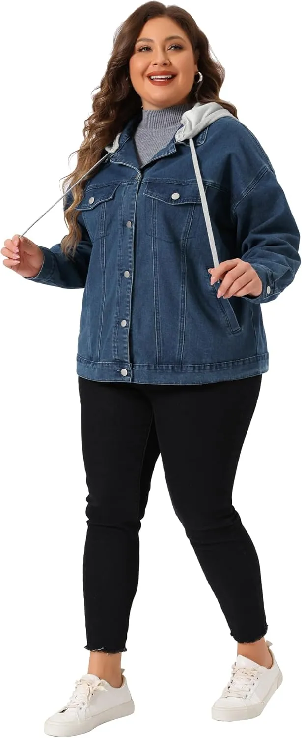 Agnes Orinda Women's Plus Size Denim Jacket with Detachable Hood Oversized Jean Shacket Jackets with Pockets
