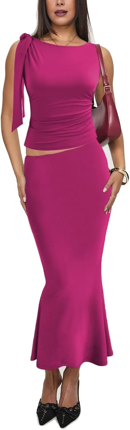 Aisbei Womens 2 Piece Outfits Sleeveless Tie Shoulder Ruched Tank Crop Top High Waist Maxi Skirt Set Long Dress