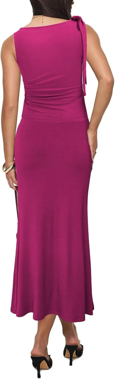 Aisbei Womens 2 Piece Outfits Sleeveless Tie Shoulder Ruched Tank Crop Top High Waist Maxi Skirt Set Long Dress