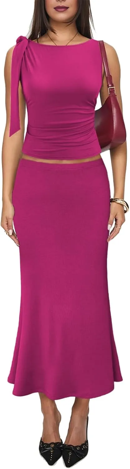 Aisbei Womens 2 Piece Outfits Sleeveless Tie Shoulder Ruched Tank Crop Top High Waist Maxi Skirt Set Long Dress