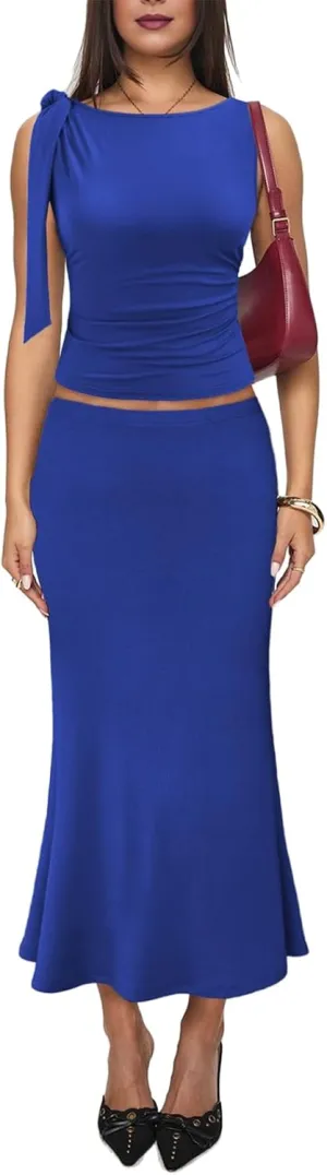 Aisbei Womens 2 Piece Outfits Sleeveless Tie Shoulder Ruched Tank Crop Top High Waist Maxi Skirt Set Long Dress