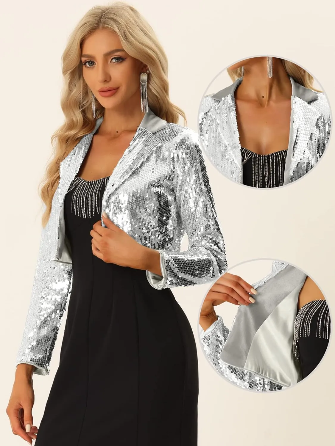 Allegra K Sequin Jackets for Women's Lapel Collared Open Front Cardigan Sparkly Evening Blazer Jacket