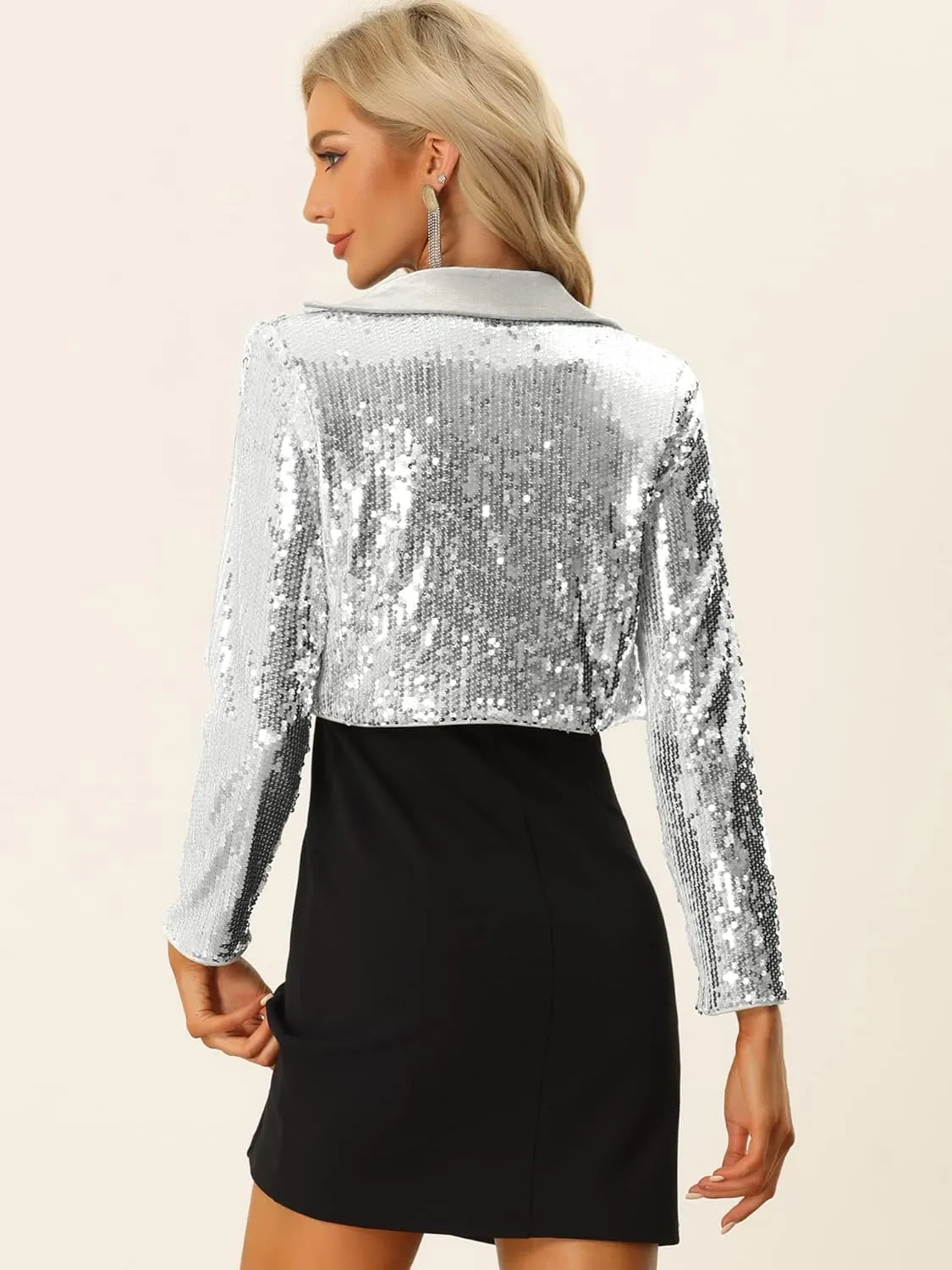 Allegra K Sequin Jackets for Women's Lapel Collared Open Front Cardigan Sparkly Evening Blazer Jacket