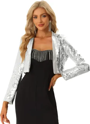 Allegra K Sequin Jackets for Women's Lapel Collared Open Front Cardigan Sparkly Evening Blazer Jacket