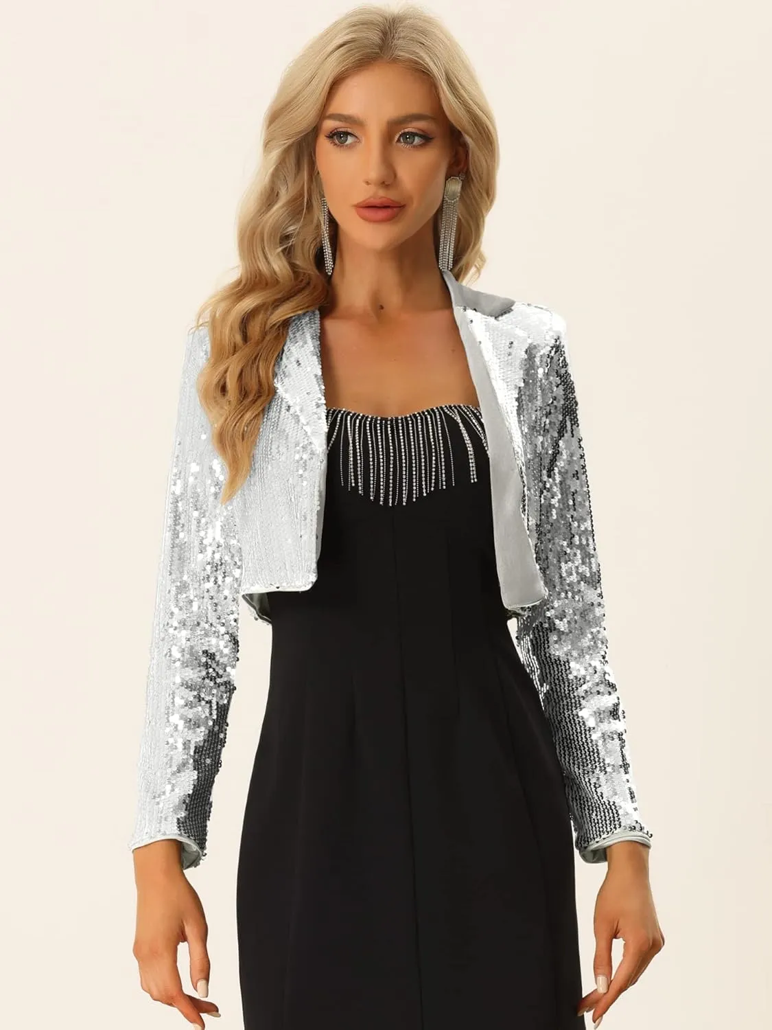 Allegra K Sequin Jackets for Women's Lapel Collared Open Front Cardigan Sparkly Evening Blazer Jacket