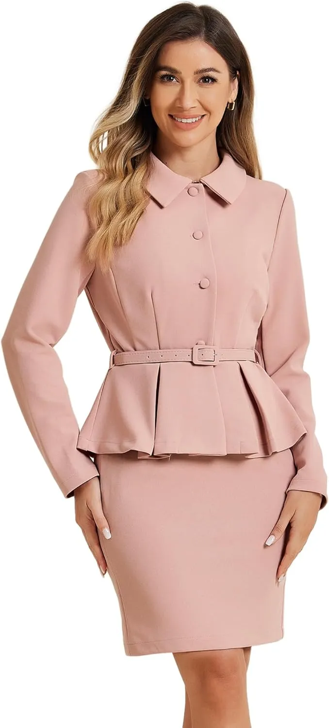 Allegra K Two Pieces Suits for Women's Business Peplum Blazer Jacket Mini Pencil Skirt Sets