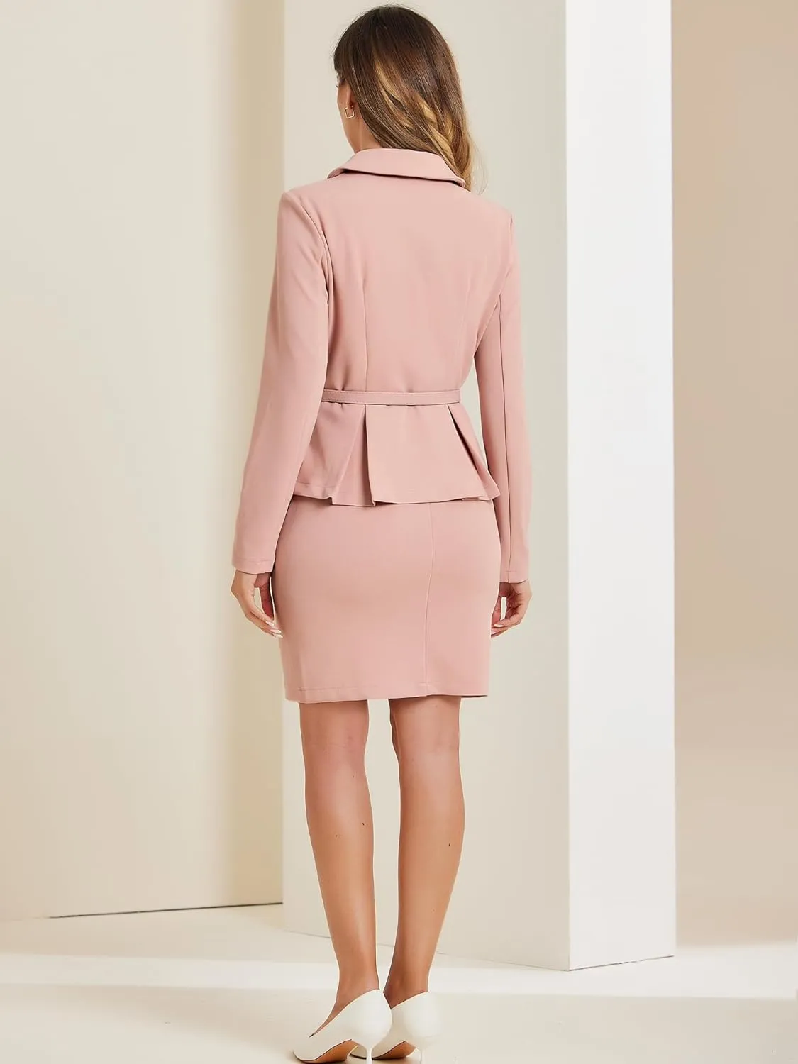 Allegra K Two Pieces Suits for Women's Business Peplum Blazer Jacket Mini Pencil Skirt Sets