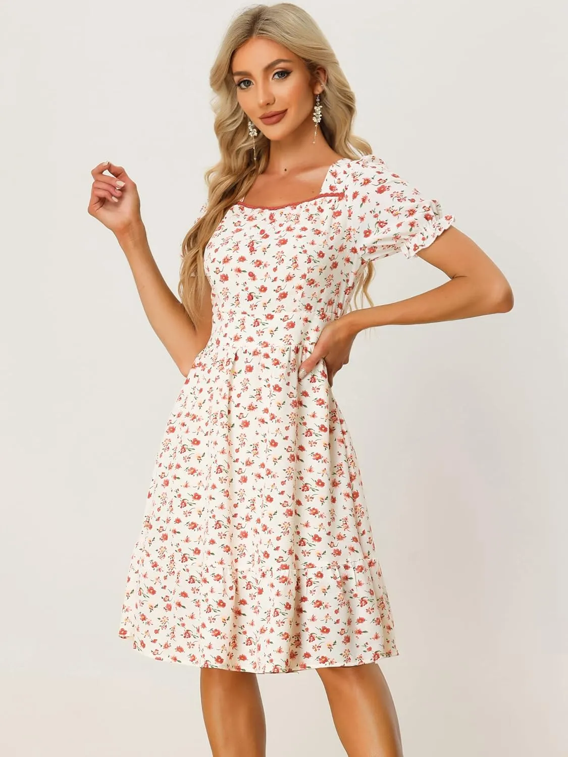 Allegra K Women's Summer Boho Floral Print Square Neck Smocked Ruffle Puff Sleeve A Line Mini Dress