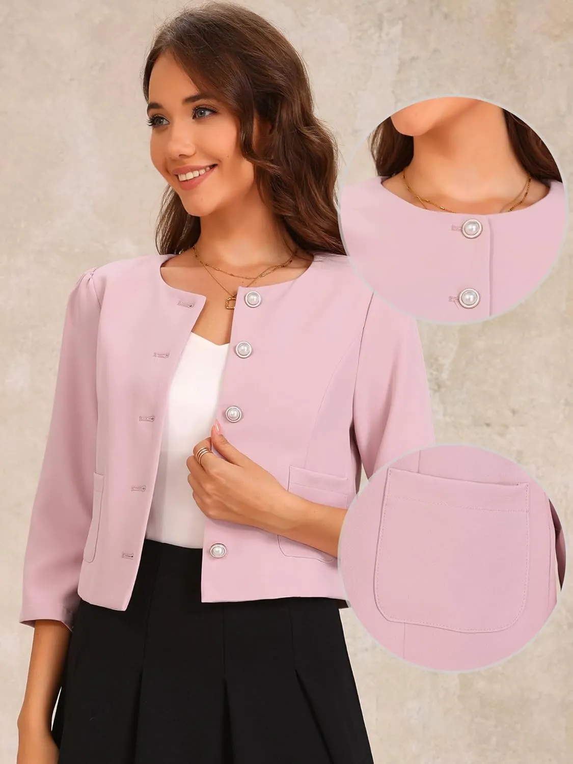 Allegra K Work Office Jacket for Women's 3/4 Sleeve Collarless Pockets Button Down Cropped Jackets