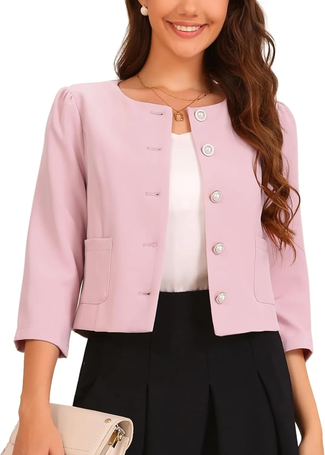 Allegra K Work Office Jacket for Women's 3/4 Sleeve Collarless Pockets Button Down Cropped Jackets