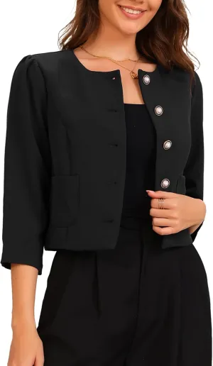 Allegra K Work Office Jacket for Women's 3/4 Sleeve Collarless Pockets Button Down Cropped Jackets