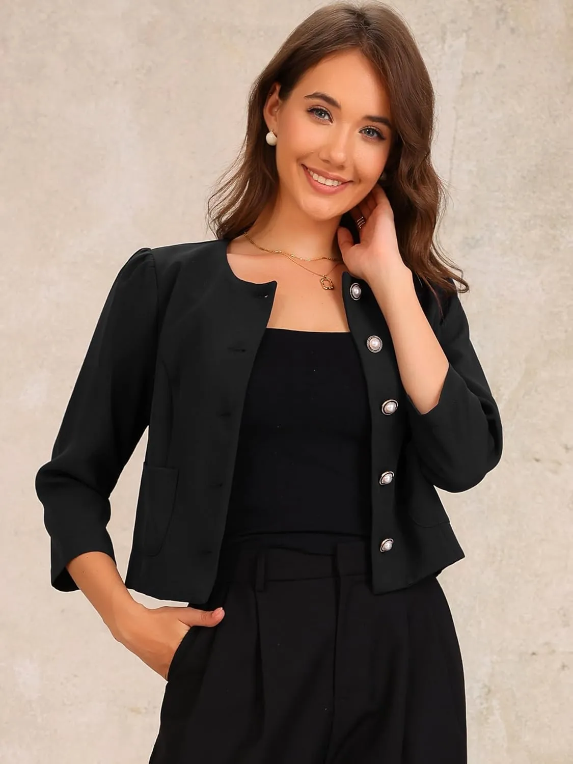 Allegra K Work Office Jacket for Women's 3/4 Sleeve Collarless Pockets Button Down Cropped Jackets