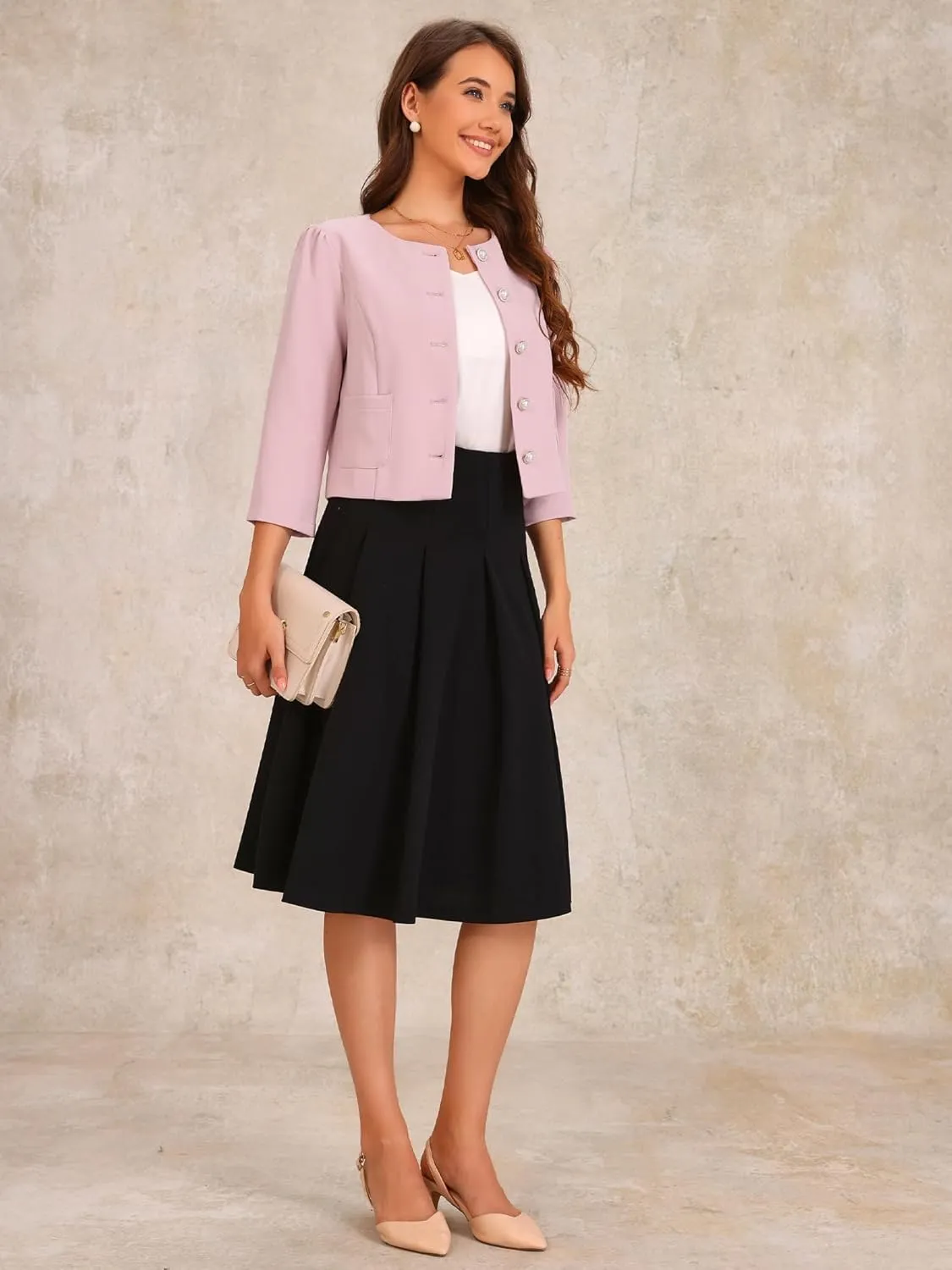Allegra K Work Office Jacket for Women's 3/4 Sleeve Collarless Pockets Button Down Cropped Jackets