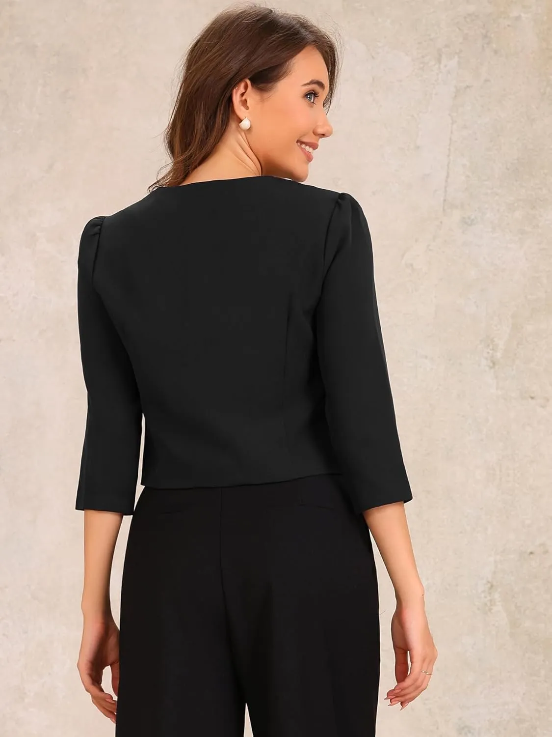 Allegra K Work Office Jacket for Women's 3/4 Sleeve Collarless Pockets Button Down Cropped Jackets