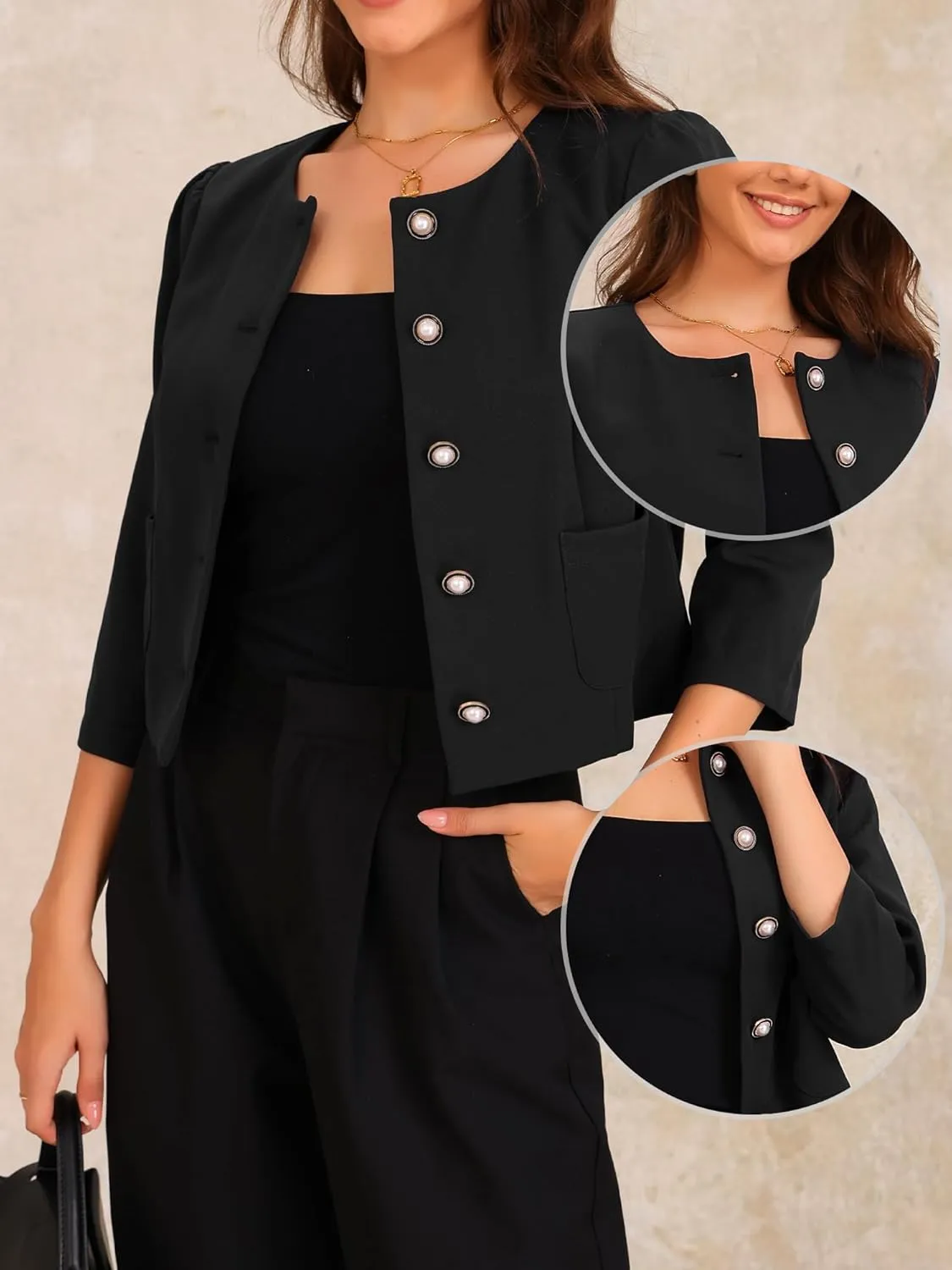 Allegra K Work Office Jacket for Women's 3/4 Sleeve Collarless Pockets Button Down Cropped Jackets