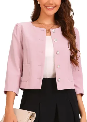 Allegra K Work Office Jacket for Women's 3/4 Sleeve Collarless Pockets Button Down Cropped Jackets