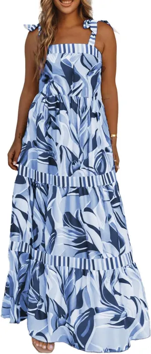 AlvaQ Women's 2025 Summer Sleeveless Floral Print Maxi Dress Strap Square Neck Beach Sun Dress