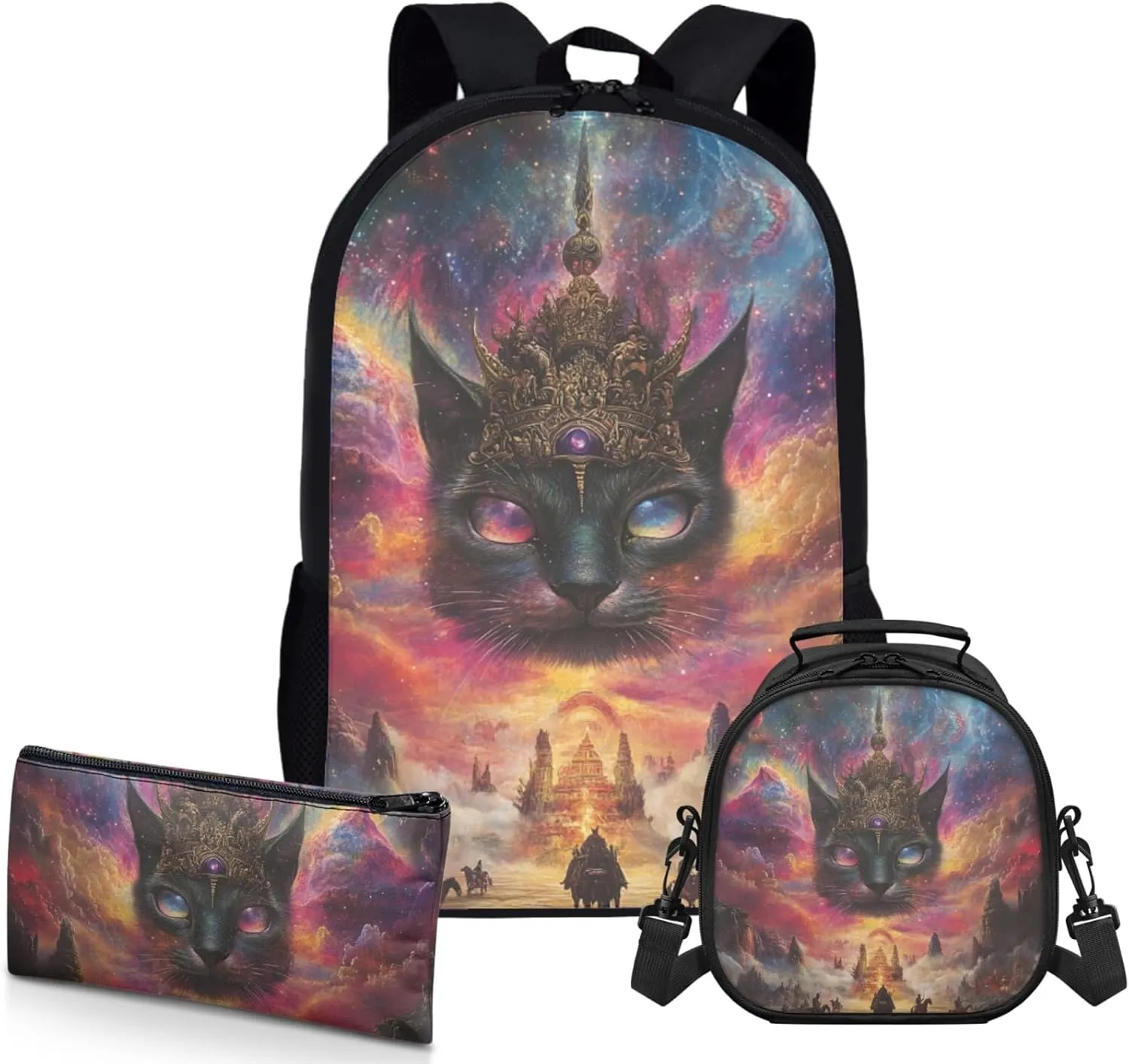 AmzPrint Balinese Cat Backpack And Lunch Box Bags Set For Boys Junior High School 3-Piece Backpack Set