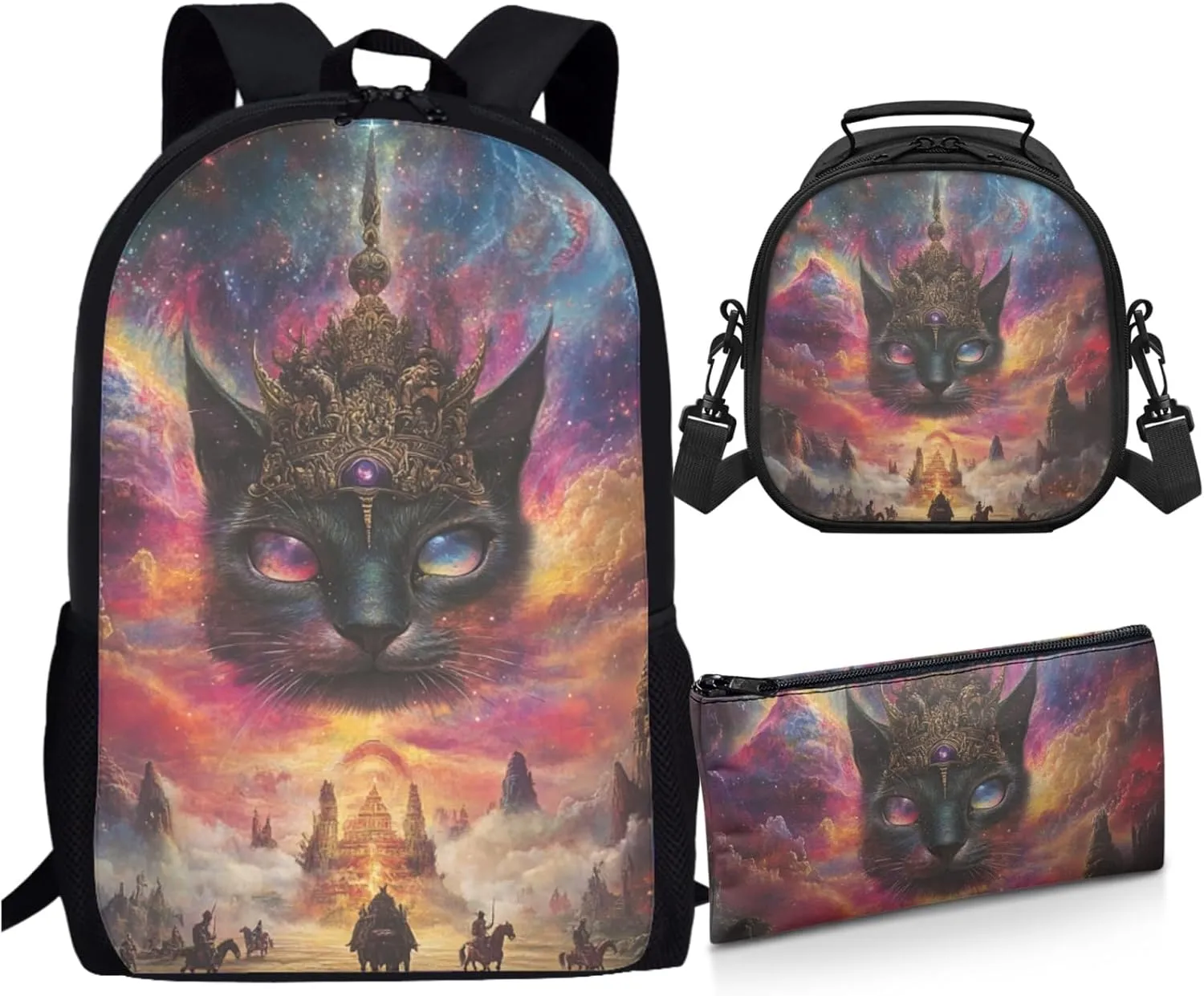 AmzPrint Balinese Cat Backpack And Lunch Box Bags Set For Boys Junior High School 3-Piece Backpack Set